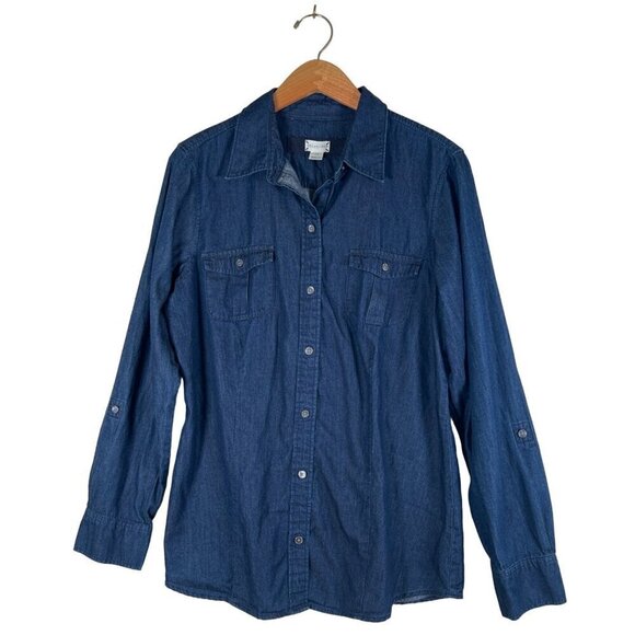 SHIRT 469 Women Size 14 Blue Denim Shirt Button Down Convert Roll Tab 3/4 or L/S - Picture 8 of 12